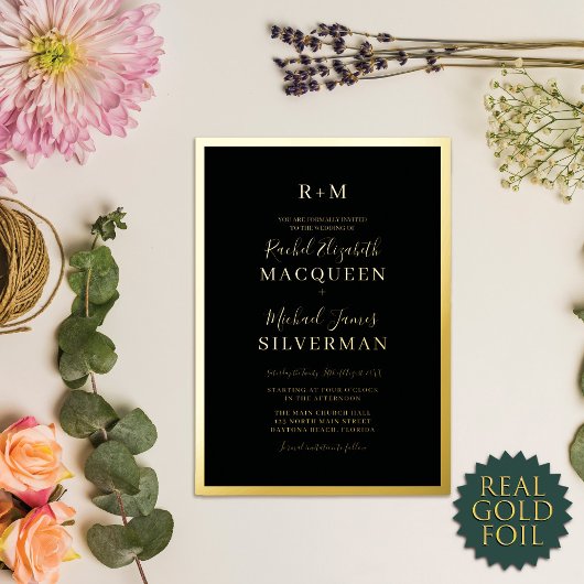 Elegant Real Gold Thick Border Black Wedding Folie Uitnodiging