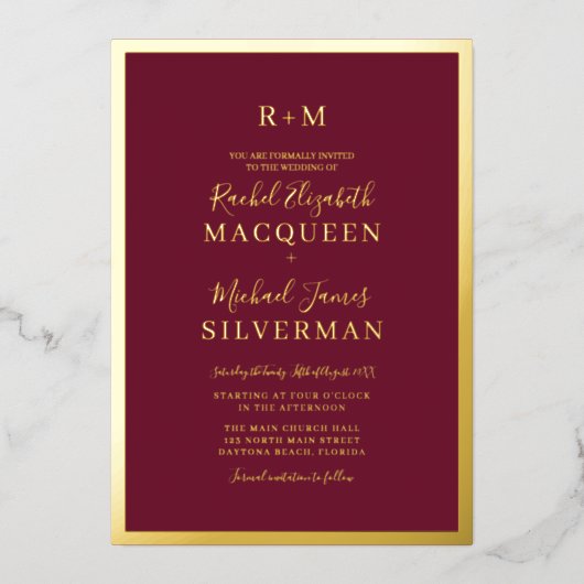Elegant Real Gold Thick Border Burgundy Wedding Folie Uitnodiging (Voorkant)