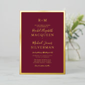 Elegant Real Gold Thick Border Burgundy Wedding Folie Uitnodiging (Staand Voorkant)