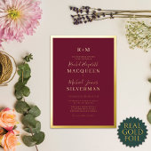 Elegant Real Gold Thick Border Burgundy Wedding Folie Uitnodiging