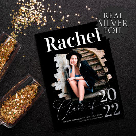 Elegant Real Silver Typografie Class of Afstuderen Folie Uitnodiging