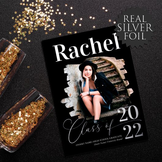 Elegant Real Silver Typografie Class of Afstuderen Folie Uitnodiging
