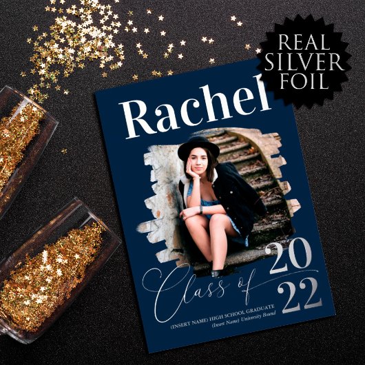 Elegant Real Silver Typografie Class of Afstuderen Folie Uitnodiging