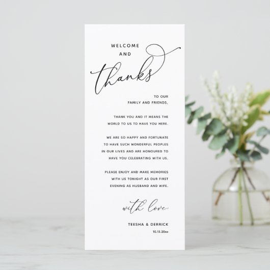 Elegant Reception "Welcome and Thanks" Guest Card Programmakaart (Staand voorkant)