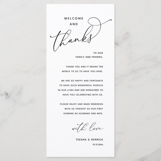 Elegant Reception "Welcome and Thanks" Guest Card Programmakaart (Voorkant)