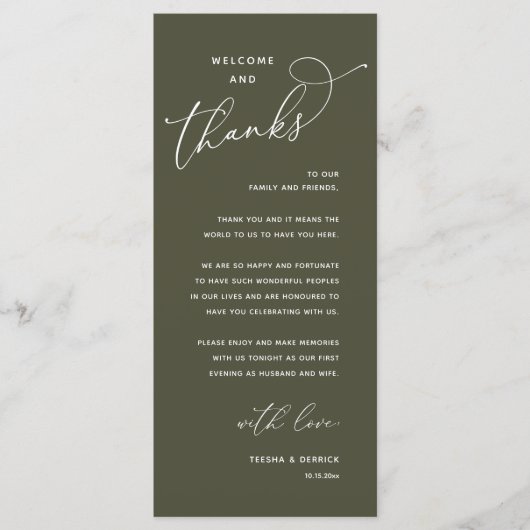 Elegant Reception "Welcome and Thanks" Guest Card Programmakaart (Voorkant)