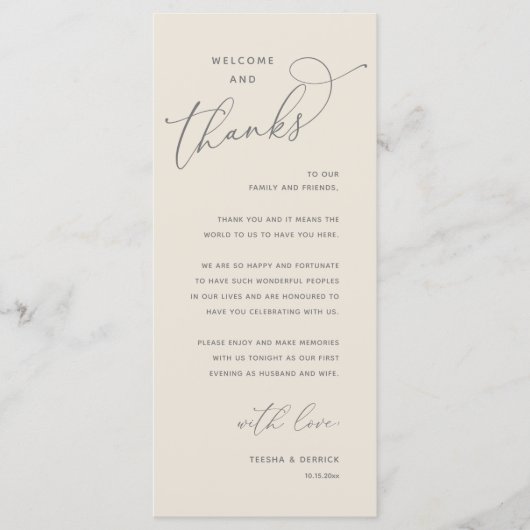 Elegant Reception "Welcome and Thanks" Guest Card Programmakaart (Voorkant)