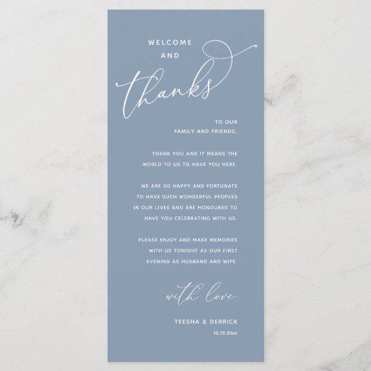 Elegant Reception "Welcome and Thanks" Guest Card Programmakaart (Voorkant)