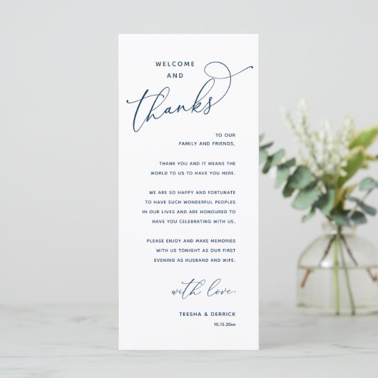 Elegant Reception "Welcome and Thanks" Guest Card Programmakaart (Staand voorkant)