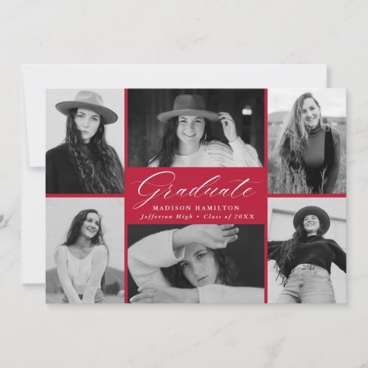 Elegant Red 6 Photo Collage Afstuderen Aankondiging (Voorkant)