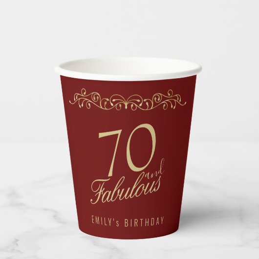 Elegant Red 70 en Fabulous Ornament 70th Birthday Papieren Bekers (Voorkant)