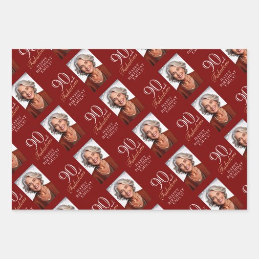 Elegant Red 90 and Fabulous 90th Birthday Photo Inpakpapier Vel (Voorkant 3)