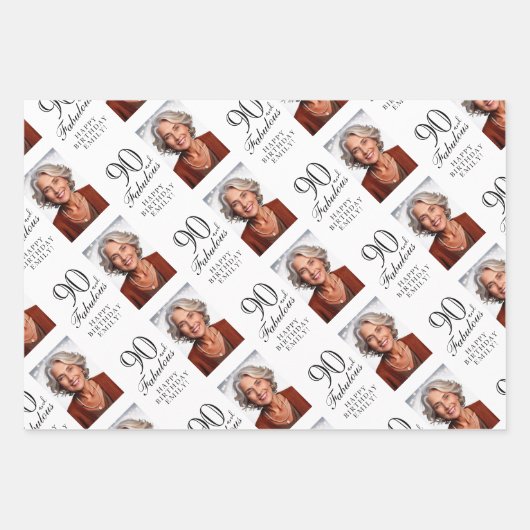 Elegant Red 90 and Fabulous 90th Birthday Photo Inpakpapier Vel (Voorkant)