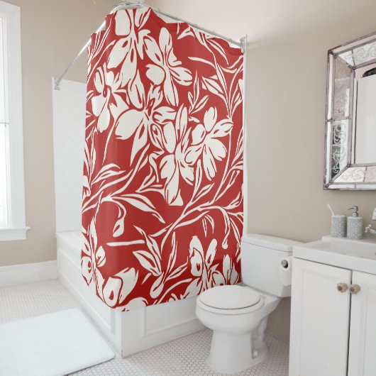 Elegant Red Abstract Floral Illustration Pattern Douchegordijn (In situ)