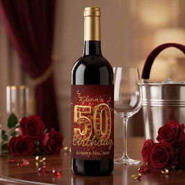 Elegant Red and Gold 50th Milestone Birthday Wijn Etiket