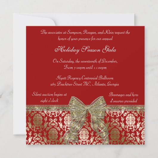 Elegant Red and Gold Damask Holiday Party nodigt u Kaart (Achterkant)