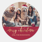 Elegant Red and Gold Family Photo Christmas Ronde Sticker (Voorkant)