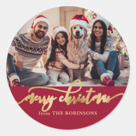 Elegant Red and Gold Family Photo Christmas Ronde Sticker