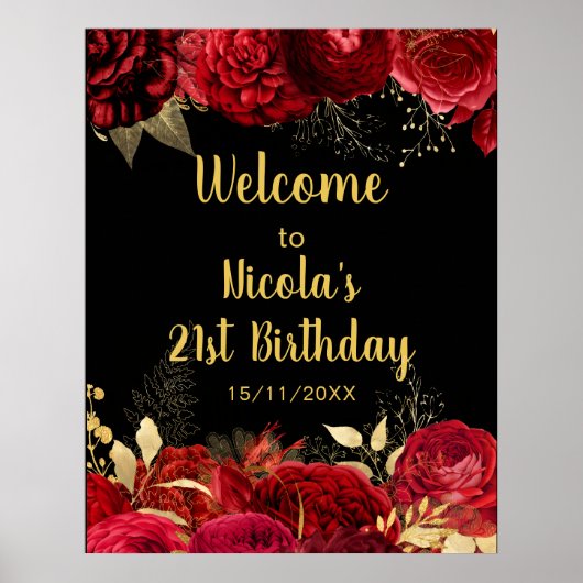 Elegant Red and Gold Flowers Birthday Part Welcome Poster (Voorkant)