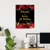 Elegant Red and Gold Flowers Birthday Part Welcome Poster (Thuiskantoor)