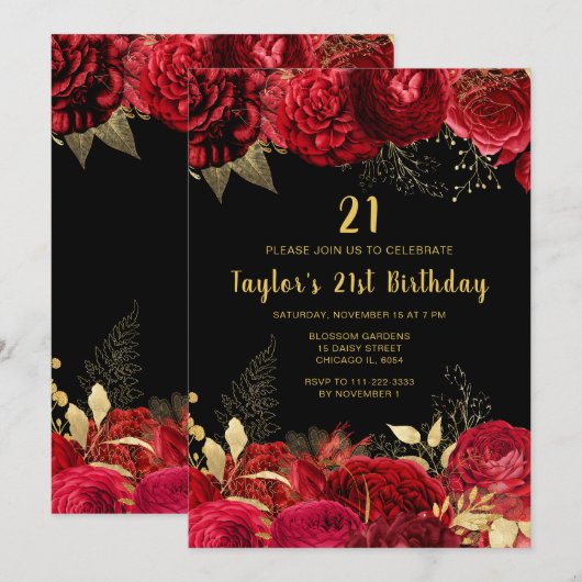 Elegant Red and Gold Flowers Birthday Party Kaart (Voorkant / Achterkant)