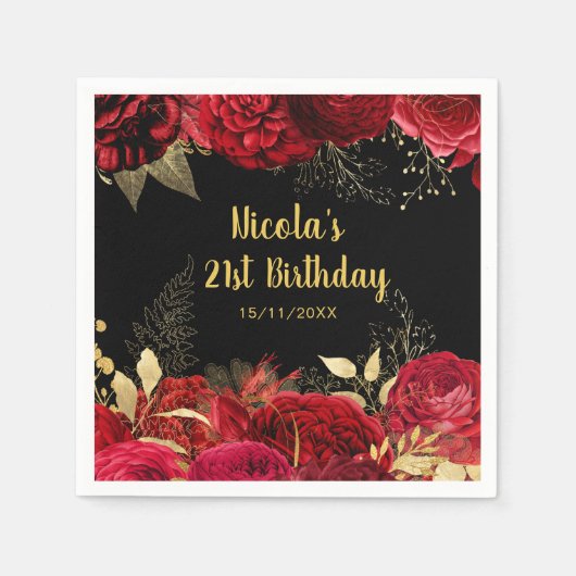 Elegant Red and Gold Flowers Birthday Party Servet (Voorkant)