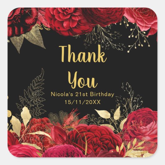 Elegant Red and Gold Flowers Birthday Party Vierkante Sticker (Voorkant)