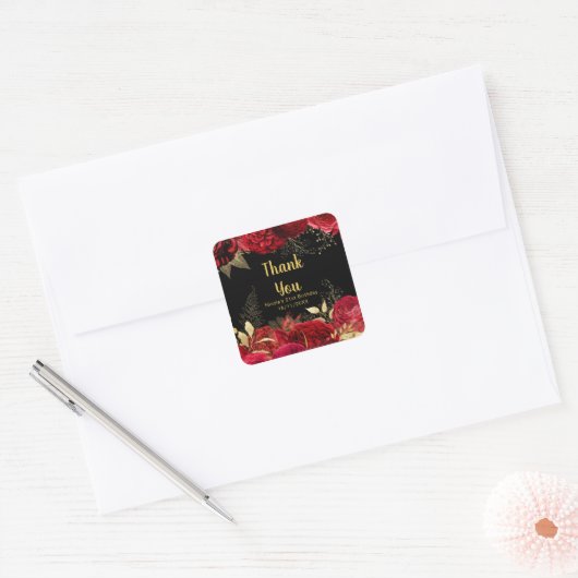 Elegant Red and Gold Flowers Birthday Party Vierkante Sticker (Envelop)