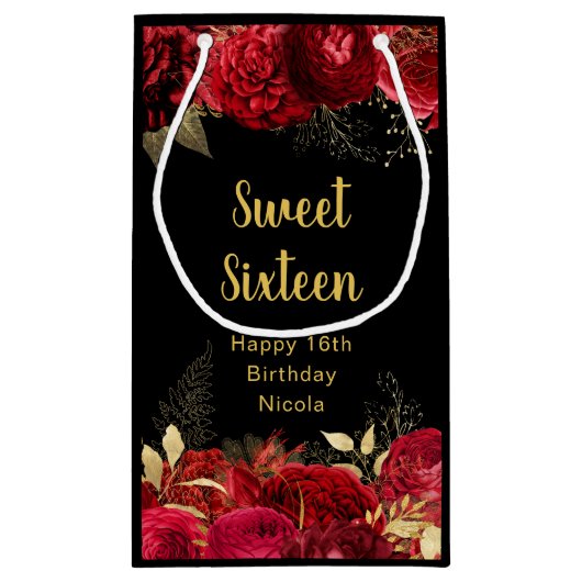 Elegant Red and Gold Flowers Sweet Sixteen  Klein Cadeauzakje (Achterkant)