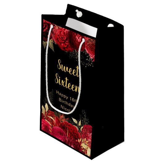 Elegant Red and Gold Flowers Sweet Sixteen  Klein Cadeauzakje (Voorkant Gekanteld)