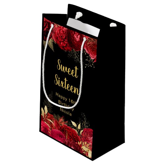 Elegant Red and Gold Flowers Sweet Sixteen Klein Cadeauzakje (Achterkant Gekanteld)