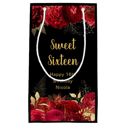 Elegant Red and Gold Flowers Sweet Sixteen  Klein Cadeauzakje (Voorkant)
