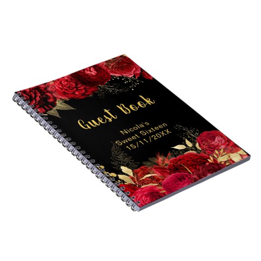 Elegant Red and Gold Flowers Sweet Sixteen Notitieboek (Rechterzijde)