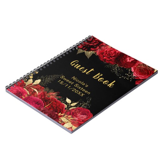 Elegant Red and Gold Flowers Sweet Sixteen Notitieboek (Linkerzijde)