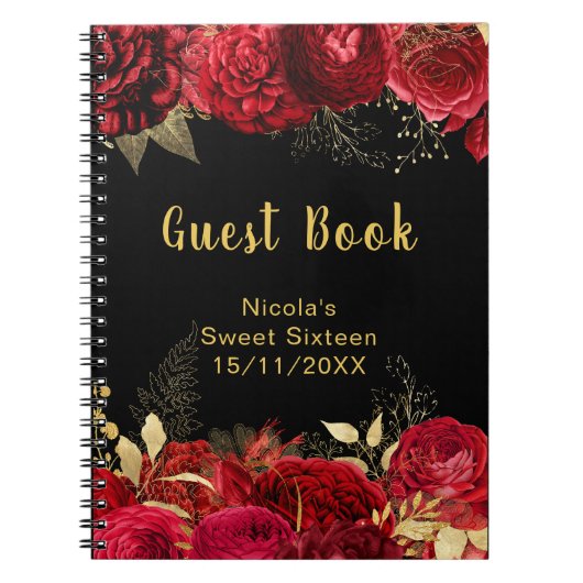 Elegant Red and Gold Flowers Sweet Sixteen Notitieboek (Voorkant)