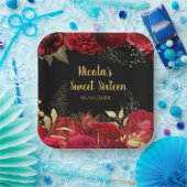 Elegant Red and Gold Flowers Sweet Sixteen  Papieren Bordje (Feest)
