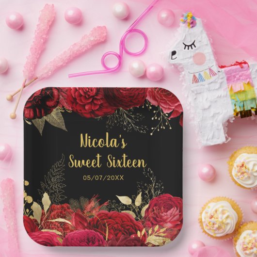 Elegant Red and Gold Flowers Sweet Sixteen  Papieren Bordje (Feest)