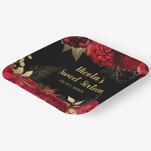 Elegant Red and Gold Flowers Sweet Sixteen  Papieren Bordje (Gebogen)