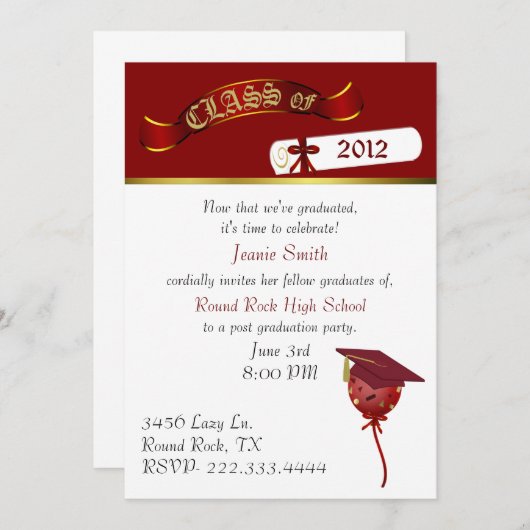 Elegant Red and Gold Graduation Party Invitation Kaart (Voorkant / Achterkant)