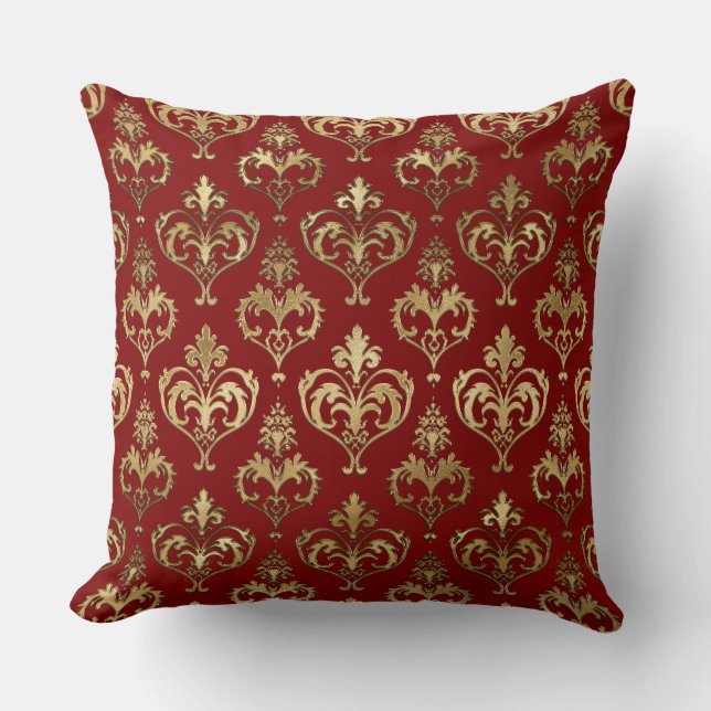 Elegant Red and Gold Hearts Valentijns Damask Kussen (Voorkant)