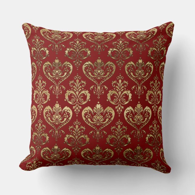 Elegant Red and Gold Hearts Valentijns Damask Kussen (Voorkant)