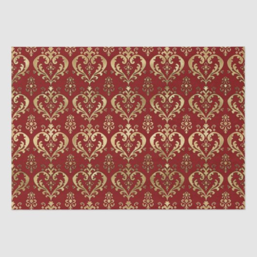 Elegant Red and Gold Hearts Valentijns Damask Tissuepapier (Voorkant)