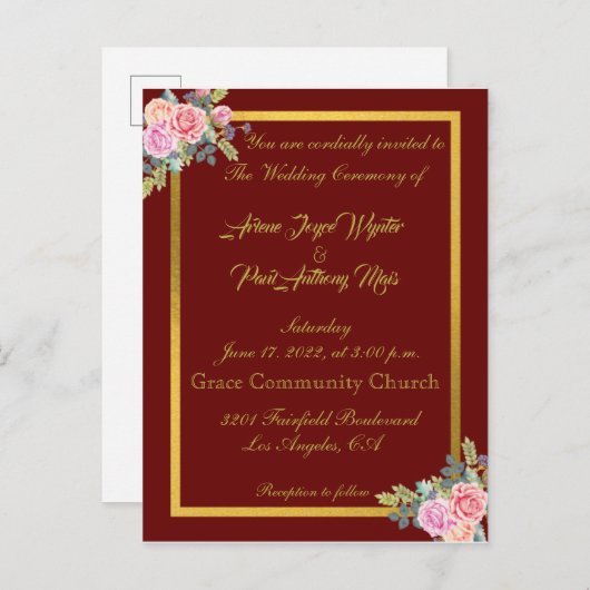 Elegant Red and Gold Invitation Uitnodiging Briefkaart (Voorkant / Achterkant)