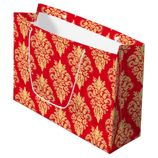 Elegant Red and Gold Kerstmis Damask Pattern Groot Cadeauzakje (Voorkant Gekanteld)