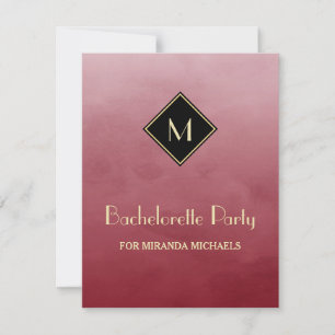 Elegant Red and Gold Monogram Bachelorette Party Kaart