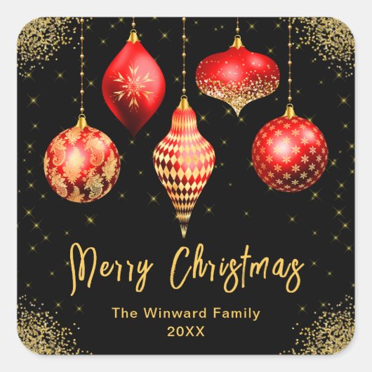 Elegant Red and Gold Ornament Christmas Vierkante Sticker (Voorkant)