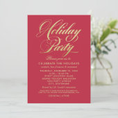 Elegant Red and Gold Script Holiday Party Kaart (Staand voorkant)