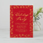 Elegant Red and Gold Snowflake Holiday Party Folie Uitnodiging (Staand Voorkant)