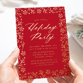 Elegant Red and Gold Snowflake Holiday Party Folie Uitnodiging