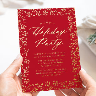 Elegant Red and Gold Snowflake Holiday Party Folie Uitnodiging